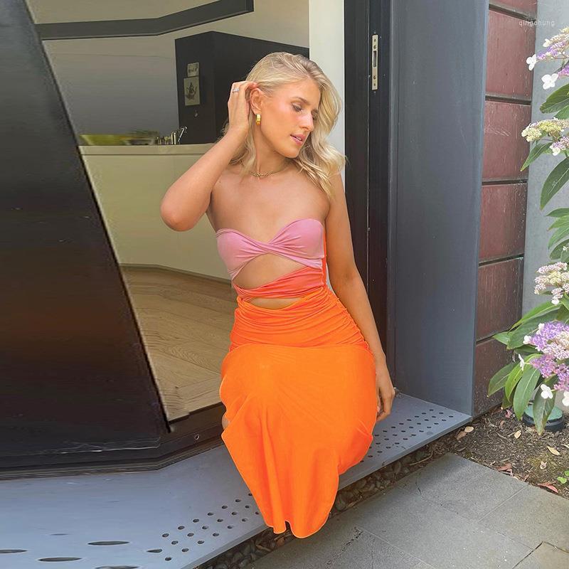 

Casual Dresses Summer Sexy Wrap Chest One-shoulder Slim Hollow Out Contrast Color Dress Women Chic And Elegant Evening Y2k Clothes Robe, Orange