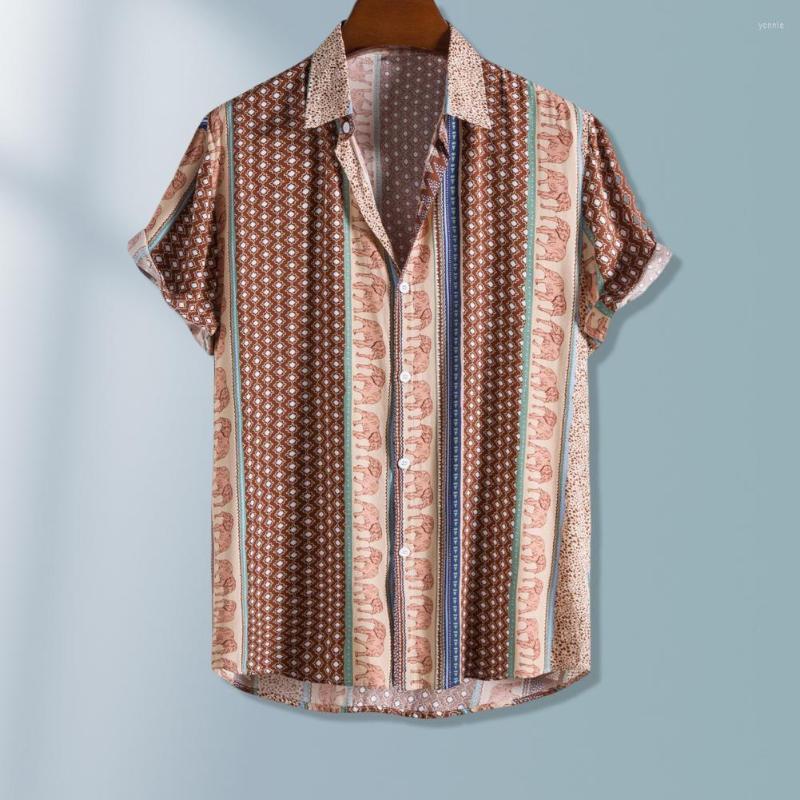 

Men's Casual Shirts Men Shirt Colorful Printed Cardigan Turn-down Collar Vintage Style Summer Top Daily Garment, Brown