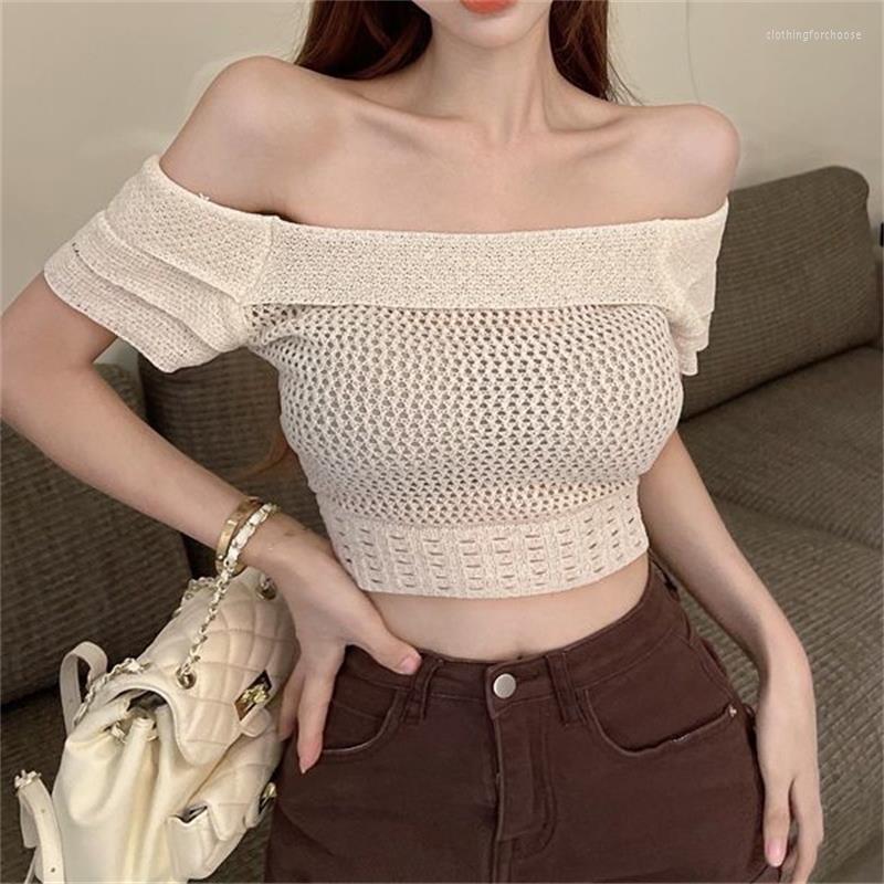 

Women's T Shirts Hollow Out Short Sleeve Crop Top Female Knitted Clothing Casual Shirt Sexy Y2K Tee Women T-shirt Cropped Aesthetic Tops, Green