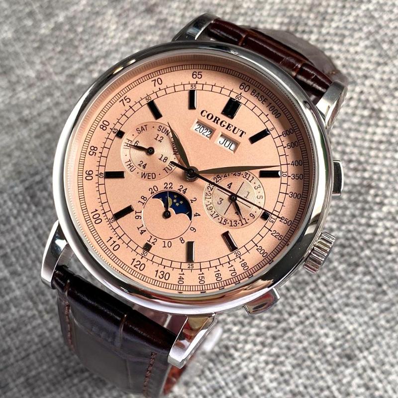 

Wristwatches 42mm Automatic Men Watch Pink Dial Month Year Date Week Multifunction Function Leather Band, Silver pink