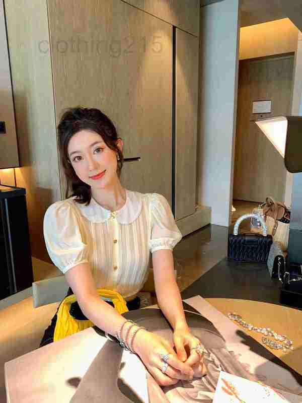 

Women' T-Shirt Designer Embroidery Edge Small Round Neck Handmade Silk Crease Design Bubble Sleeve Top CN2E, Cream