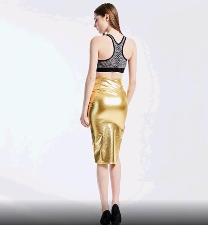 

Wholesale-Ocstrade New Fashion for Womens Aoutum Sexy Side Pockets Textured Gold Vegan Leather Pencil Skirt
