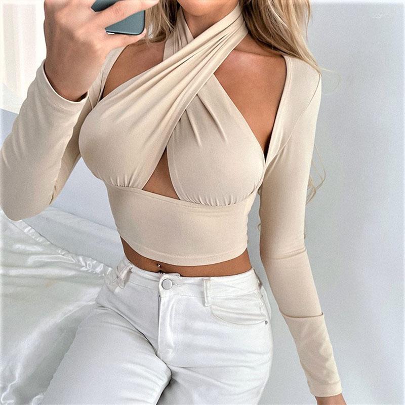 

Women' T Shirts Spring/Summer 2023 Fashion Sexy Cross Collar Loose T-shirt Raglan Sleeve Hollow Top Women, Chocolate brown