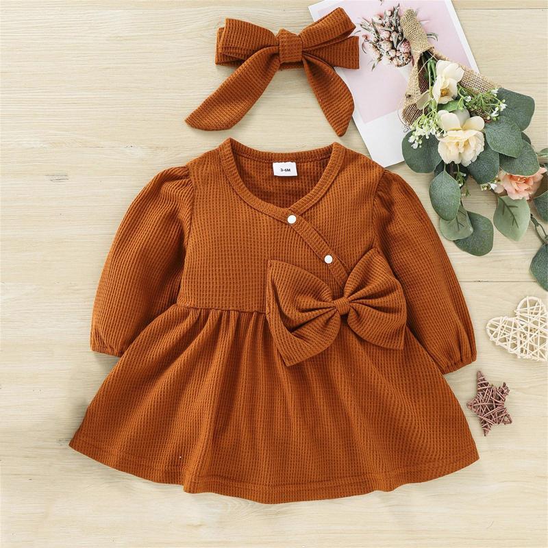 

Girl Dresses Toddler Infant Kid Baby Girls Long Sleeve Bowknot Solid Princess Dress With Headbands Outfits Set 2PCS Black Sweater, Brown
