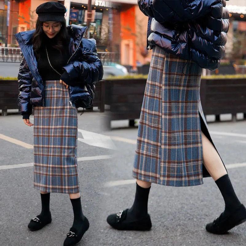 

Skirts Lucyever Korean High Waist Women's Plaid Skirt Autumn Winter Vintage Mid-long A-line Female Fashion Split One-step, Black long skirt