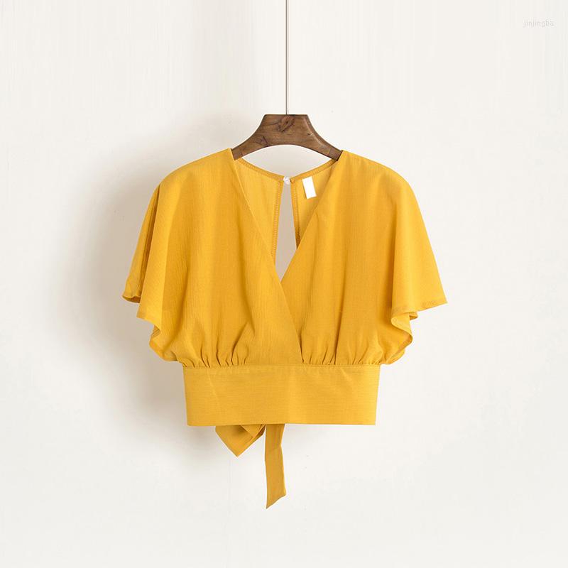 

Women's T Shirts Chiffon Collect Waist Sexy Short T-Shirt Top Women Bowknot On The Back Women's V-Neck Backless Summer, Black