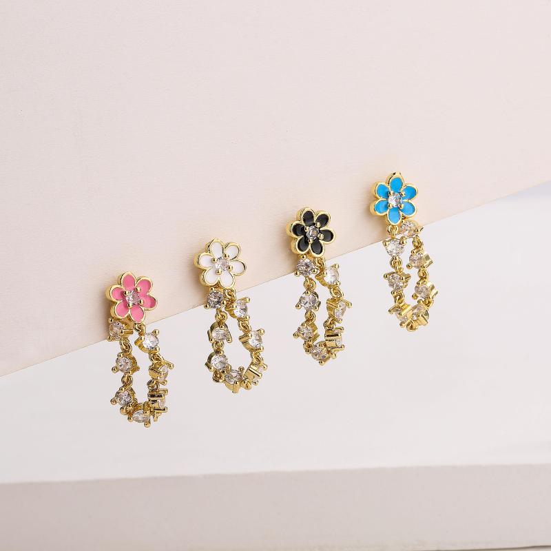 

Stud Earrings HECHENG 1pair Hoop Earring Enamel Flower Single Hole Chain Cubic Zirconia Piercing Ear Studs Cooper