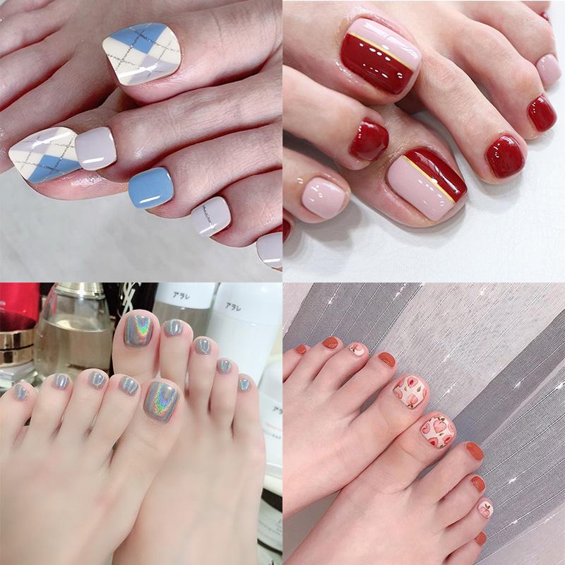 

False Nails Red Line Design Toenail Tips Double Color Silver 24PCS/Set Full Cover Press On Fake Toe Nail Manicure Decoration, No.3