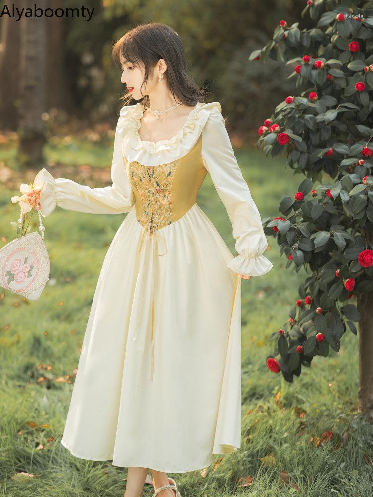 

Casual Dresses Cottagecore Spring Autumn Women Elegant Dress Ruffled Collar Patchwork Bandage Princess Delicate Party Feminine Midi, As the photo