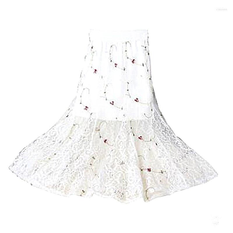 

Skirts Summer Spring Lace Long White Skirt Vintage Floral Embroidery 2023 Straight Hollowed Out Female Mid-calf Empire, Beige