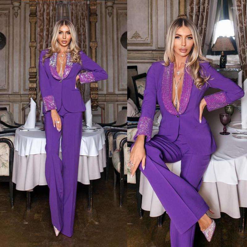 

Women's Two Piece Pants Purple Women Suits Set 2 Pieces Glitter Crystals Blazer Jacket One Button Formal Office Party Prom Dress, Red