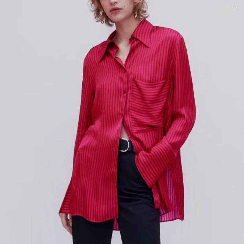 

Women's Blouses 2023 Spring Autumn Fashion Long Sleeve Lapel Striped Shirt Women Elegant Wild Simple Casual Tops Female Chic, Red