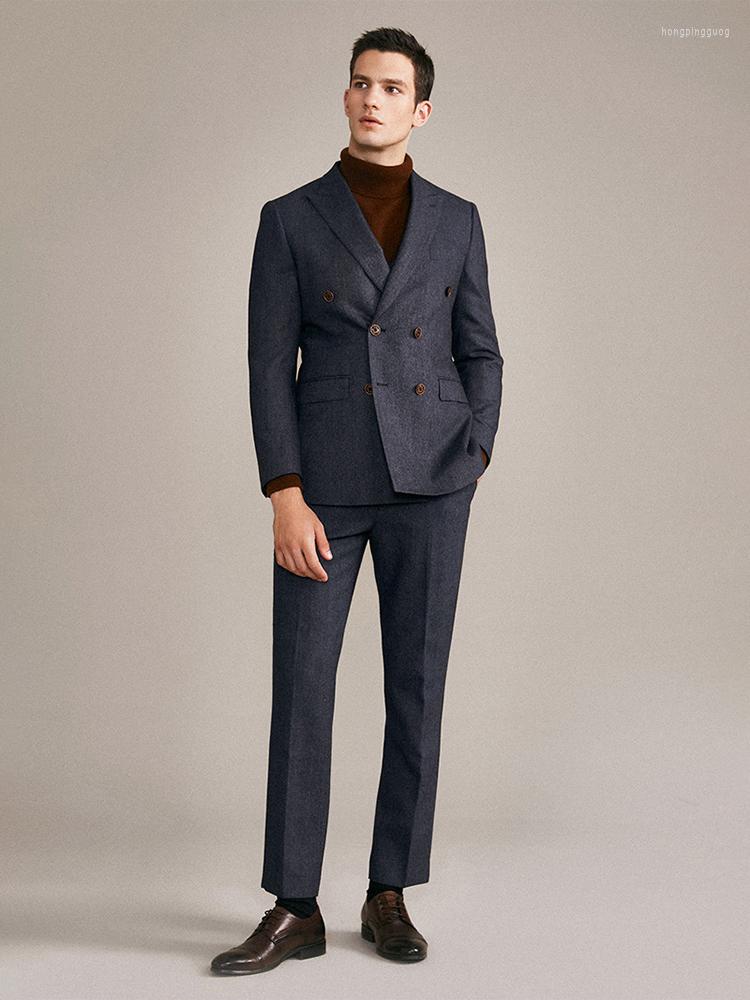 

Men's Suits 43% Wool Mens Set Blazer Pant Vest Sets Deep Blue Double Breasted Plus Size 58 Wedding Groom Formal Wear