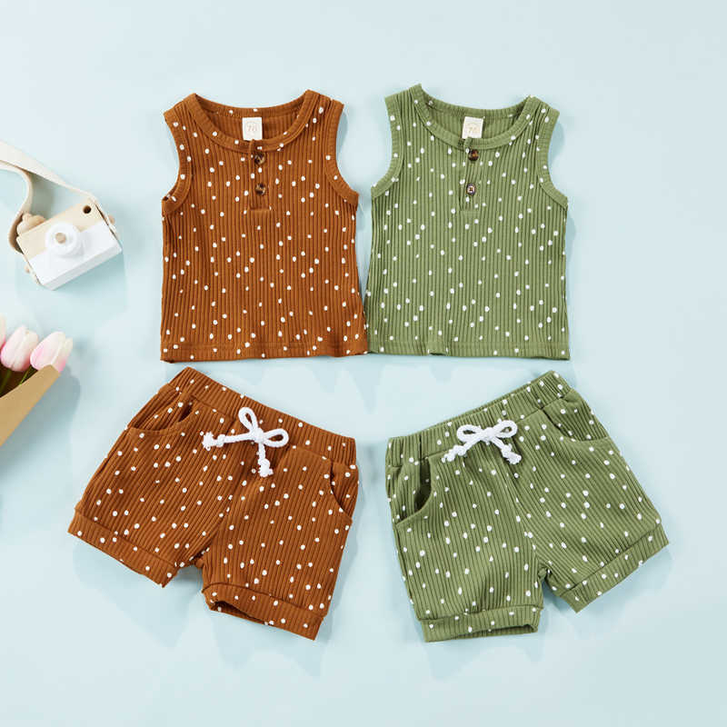 

Clothing Fashion Summer Kids Infant Baby Clothes Sets Dots Print Rib Knitted Buttons Sleeveless Tank TopsElastic Pocket Shorts Suit, Auburn