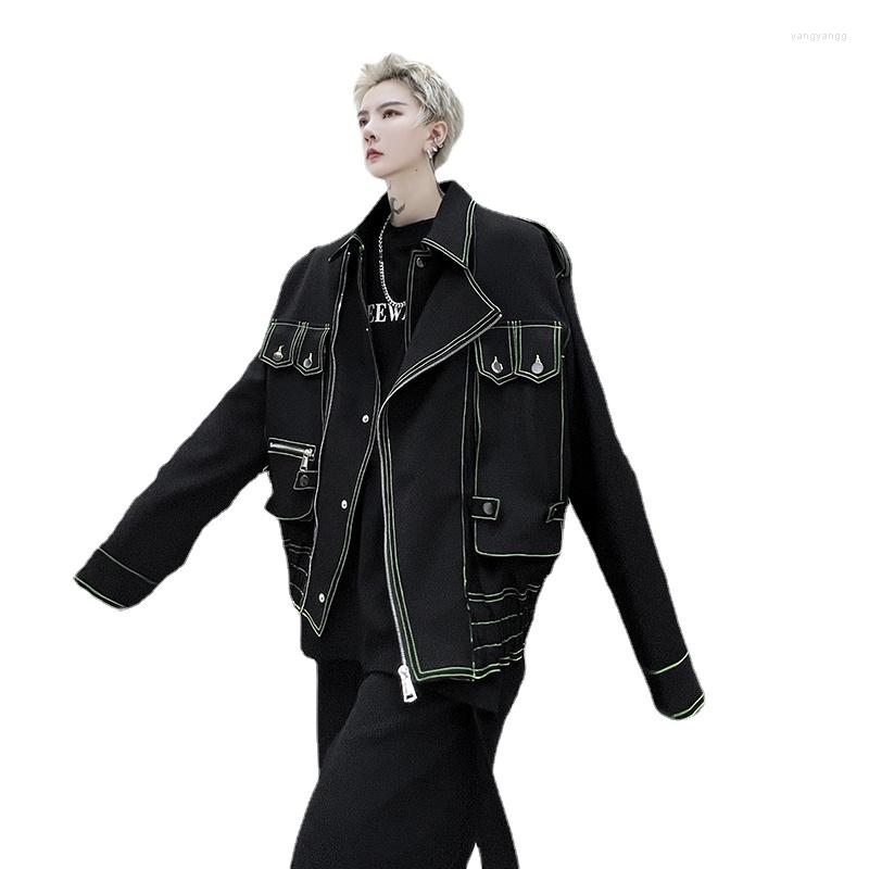 

Men's Jackets Sewing Open Line Workwear Coat Men's Streetwear Fashion Hip Hop Loose Casual Dark Black Short Cargo Jacket Male Outerwear, H1812