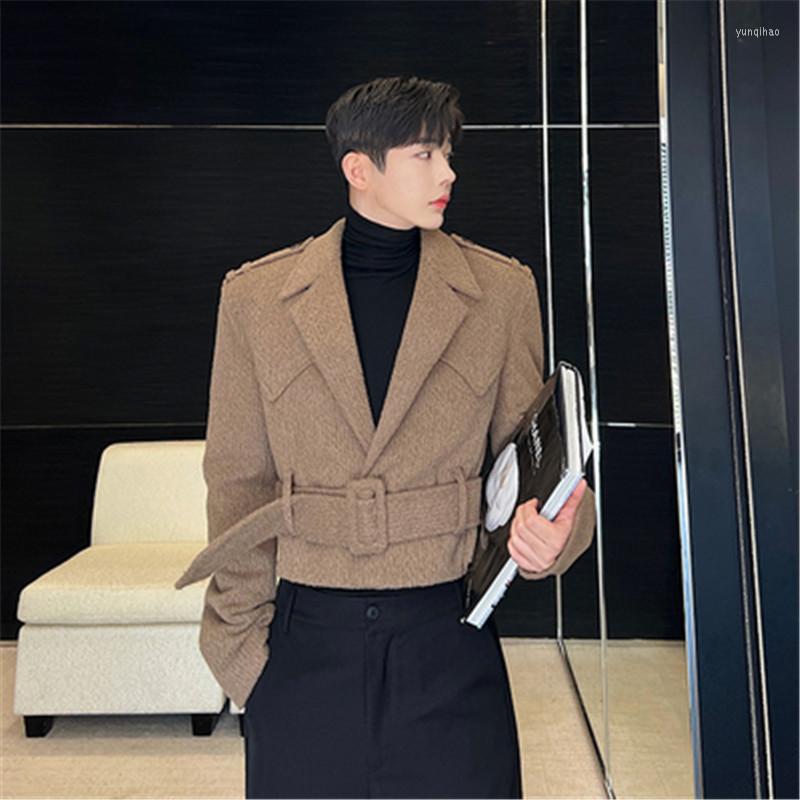

Men's Jackets Men Short Jacket Belts Designer Overcoat Turn-down Collar Coats Wool Blends Long Sleeve Korean Style Outwear Man Clothes, Black