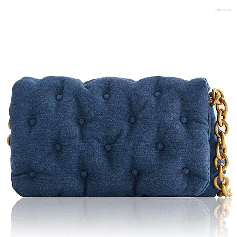 

Evening Bags Tetro Blue Denim And PU Leather Quilted For Women Designer Thick Chains Shoulder Bag Female Luxury Messenger Flap Purse Sac, Denim blue