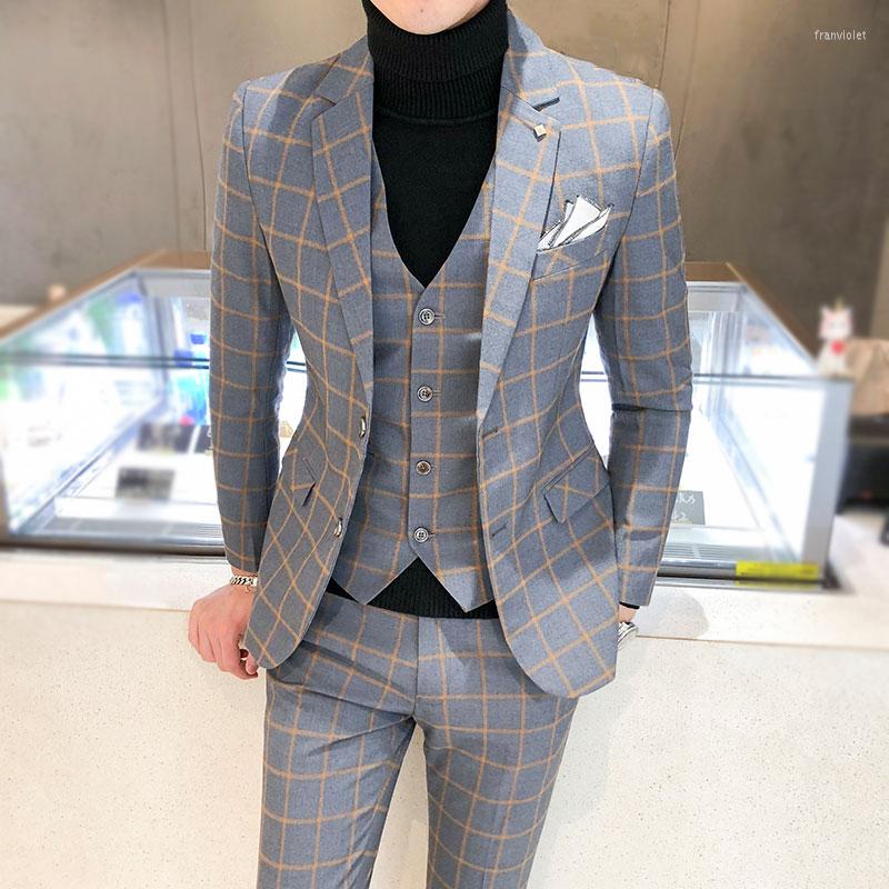 

Men's Suits Men Dress Blazers Pants Vest 3 Piece Set / Male Wedding 2023 Autumn Business Formal Plaid Suit Luxury Slim Fit Coat Trousers, 3 pcs set gray