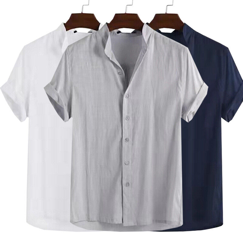 

Men's Linen Short Sleeve Shirt Summer Beach Loose Casual Collarless Tops Holiday, Blue