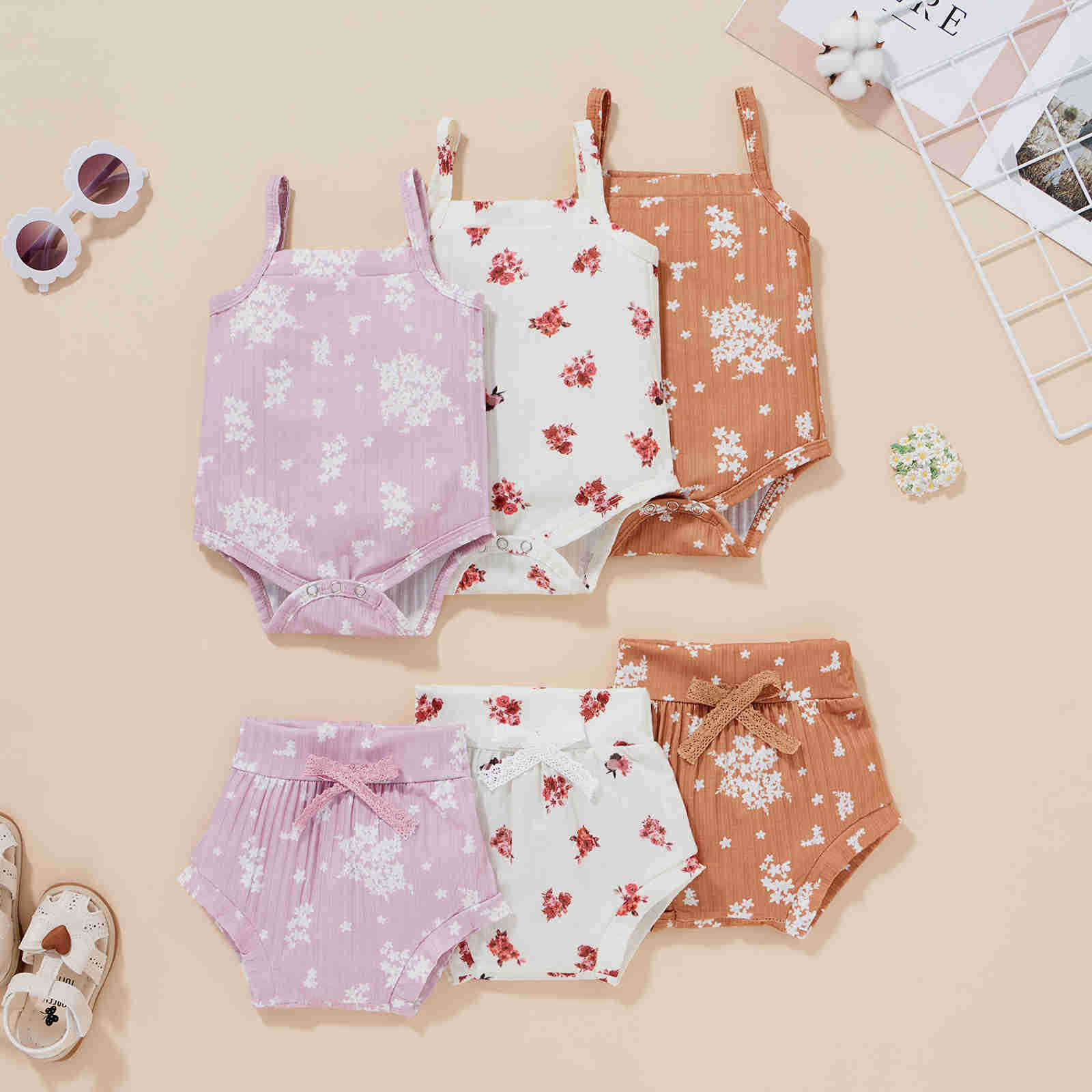 

Clothing Sets Summer New Cotton Baby Girls Clothes Cute Floral Sleeveless Ribbed JumpsuitShorts PCS Toddler Infant Newborn Romper Suit, Purple