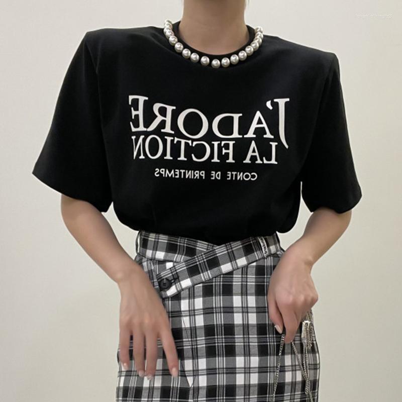 

Women's T Shirts Femme Tees 2023 Summer French Style Solid Color Short Sleeve Shoulder Pad Pearl Embellishment Letter Printting, Black