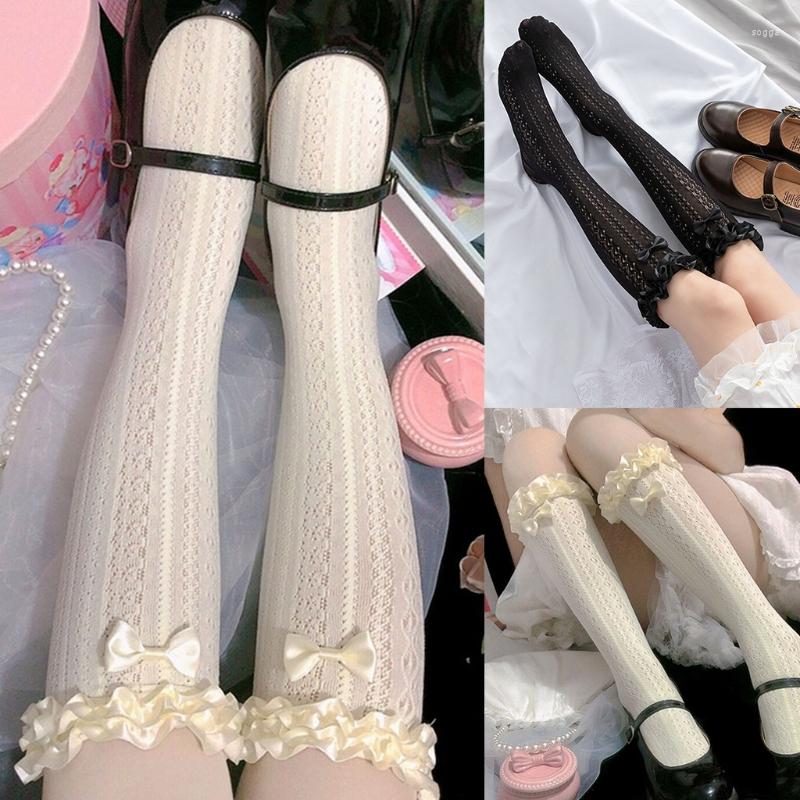 

Women Socks 3XUA Japanese Lolita Satin Ruffles Calf Sweet Bowknot Hollow Out Striped Pattern Student Summer Thin Knee High
