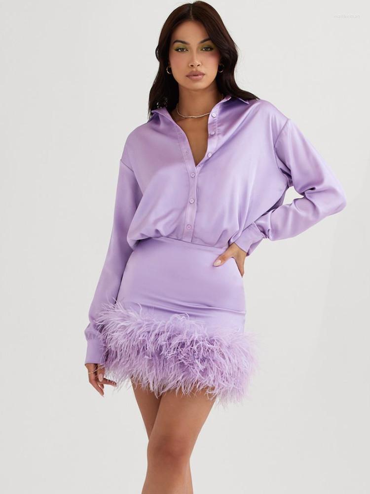 

Casual Dresses Fashion Women Sexy Long Sleeve V Neck Violet Satin Dress Ostrich Feather High Street Celebrity Party, Lavender