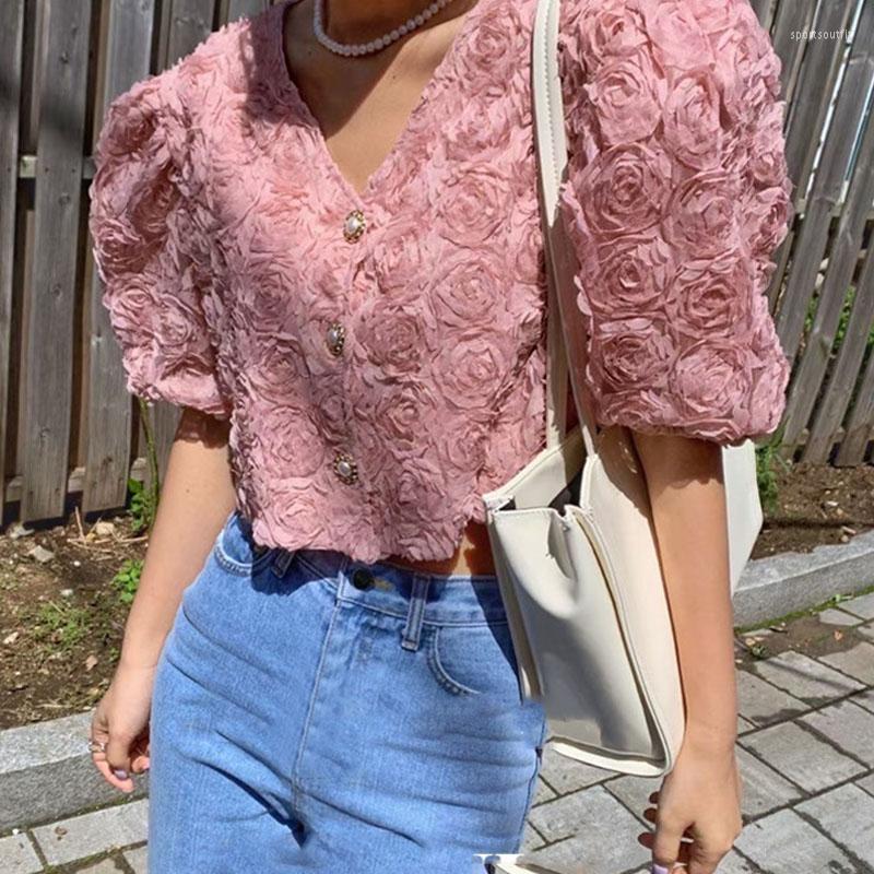 

Women's Blouses Summer Blusas V Neck Elegant Loose Lace Shirts Korean Three-dimensional Flowers Blouse Women Short Sleeve Tops 15583, Black