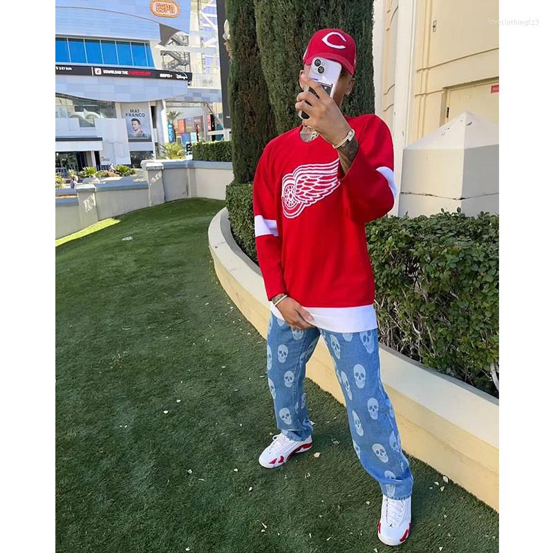 

Women's T Shirts Y2K Long-sleeved T-shirt Harajuku Creative Personality Top Unisex Color-blocking Sweater Retro High Street Hip-hop Clothing, Red