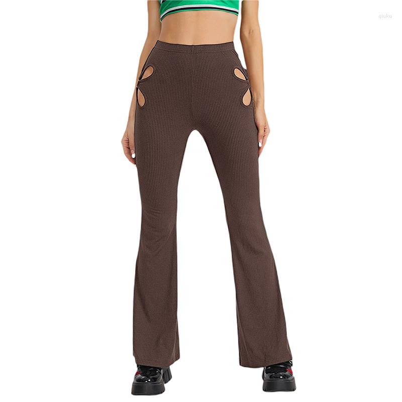 

Women' Pants Women Fashion Flare Long Creative Solid Color High Waist Chic Hollow Stretch Bell-Bottomed Trousers, Black