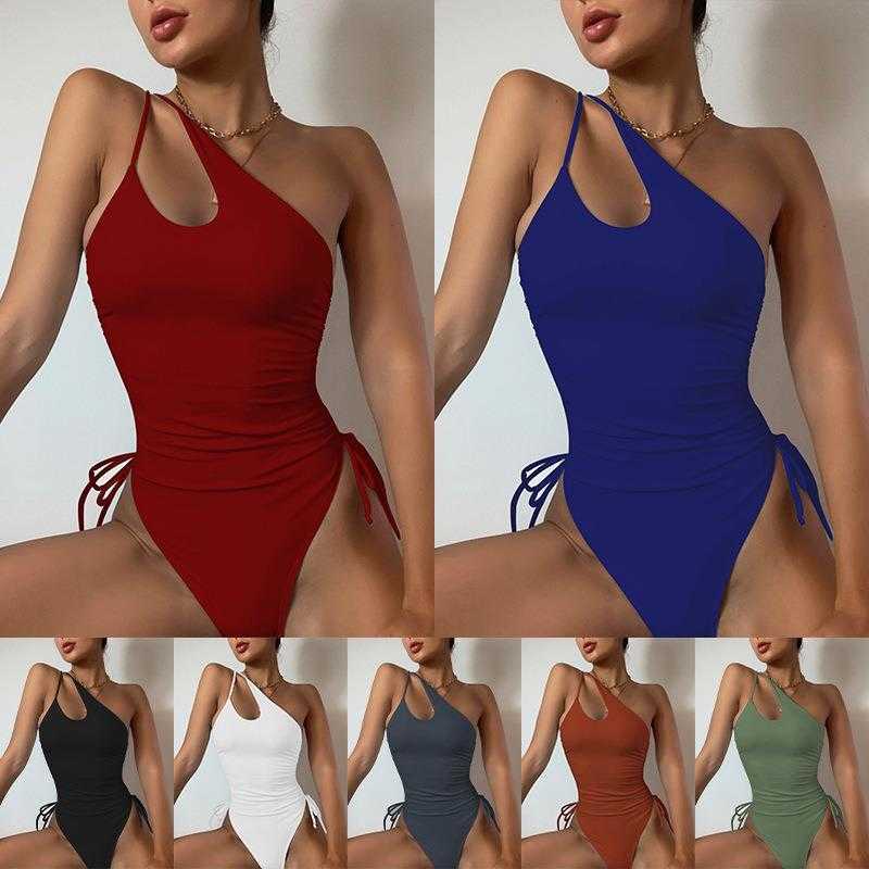 

Sexy Open Back Swimsuit Solid Color One Shoulder Lace Up Triangle Piece Beach, Brick red