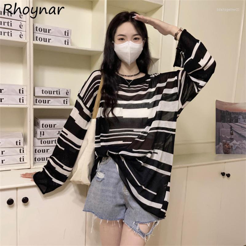 

Women's T Shirts Sun-proof Long Sleeve T-shirts Women Striped Loose Holiday All-match Retro Girlish Basic Sweet Teens Young Mujer Cool, White