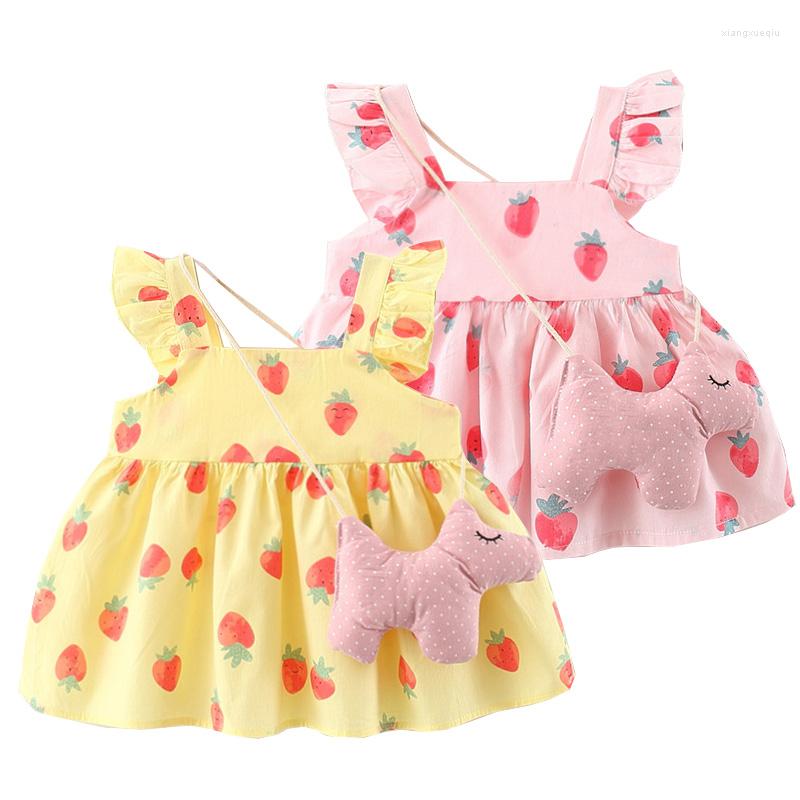 

Girl Dresses Strawberry Baby Girls Dress With Doggy Bag Decor Summer Cotton Toddler Birthday Outfits Kids Clothes, Yellow