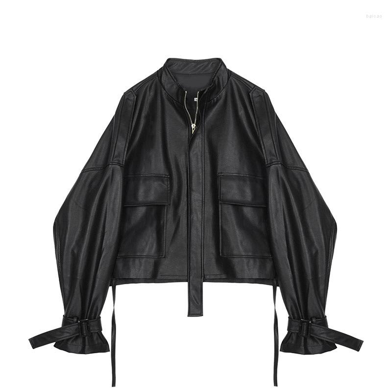 

Women' Leather 2023 Autumn Women Faux Soft Pu Motorcycle Jacket Casual Loose Black Punk Zipper Overcoat