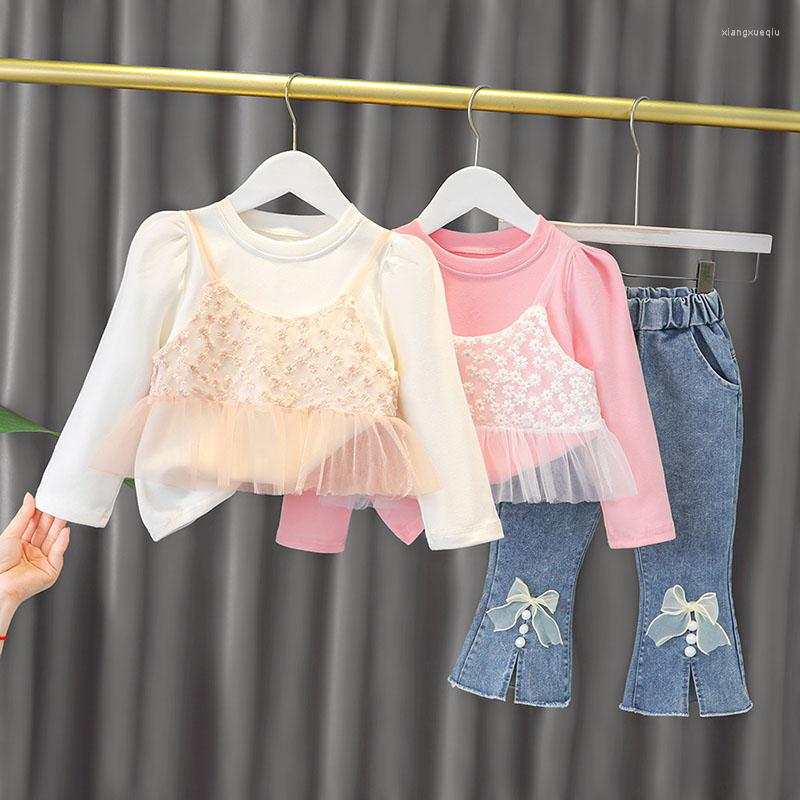 

Clothing Sets Girls' Two-Piece Suit Autumn Fashion Outer Wear Girl Baby Child Floral Cartoon Cute Doll Shirt Long-Sleeved Jeans, Pink