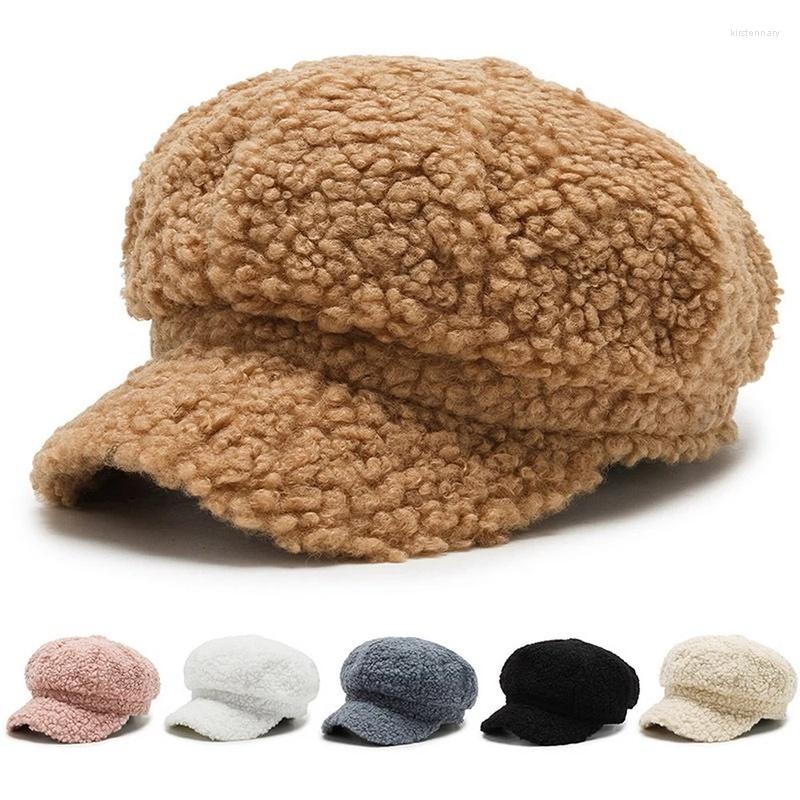 

Berets Autumn Winter Female Octagon Sboy Cap For Women Lambswool Japanese Style Solid Color Warm Outdoor Painter, Black