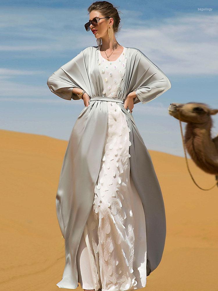 

Ethnic Clothing Kaftan 2pcs Moroccan Caftan Set Silky Open Abaya Sleeveless Dress Belted Muslim Kimono Dubai Arabic Party Evening Suit
