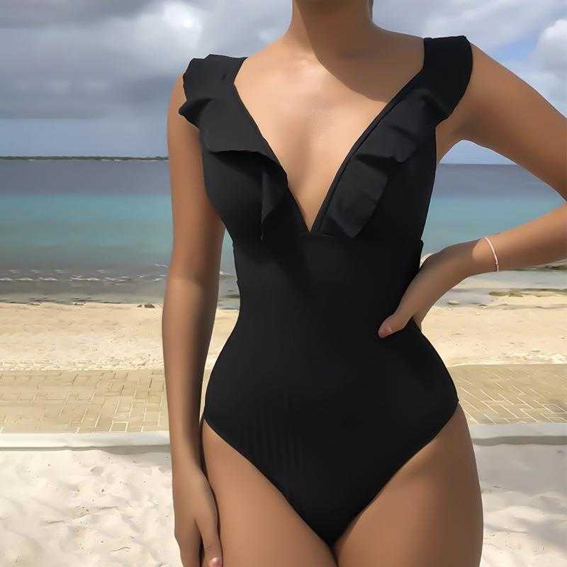 

Womens Ruffled V Neck Double Shoulder Split Swimsuit For Vacation Sexy Tight, Black