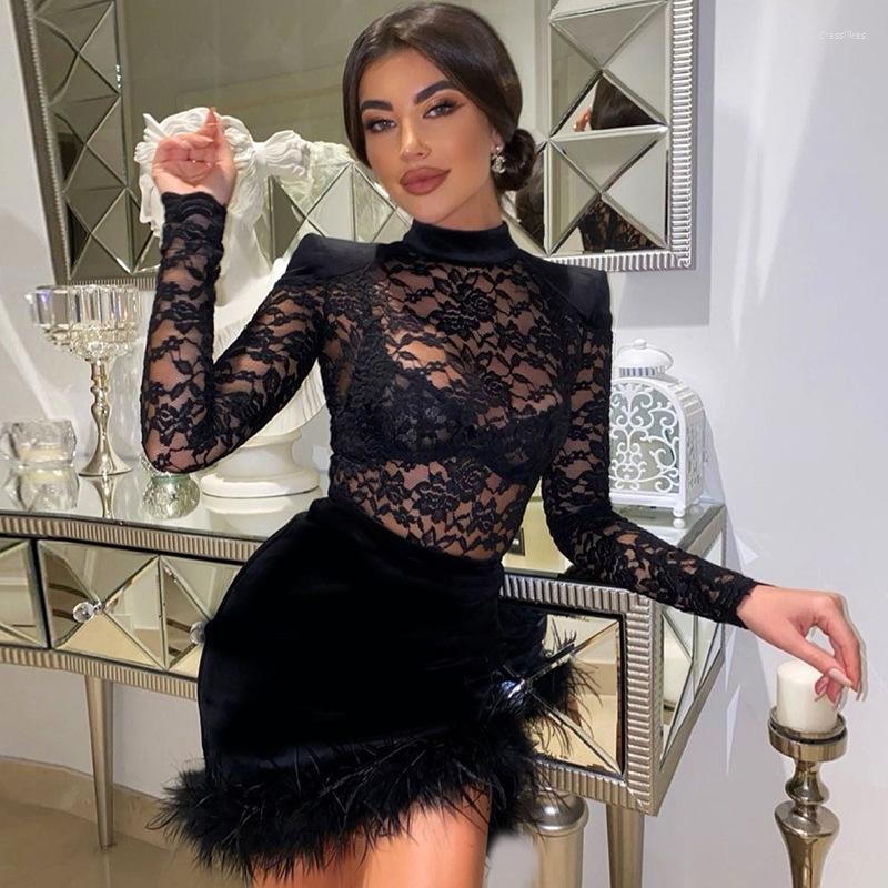 

Casual Dresses Women Sexy 2 Piece Sets Dress Long Sleeve Velvet Patchwork See Through Lace Tops Feathers Mini Skirt Autumn Club Party Suits, Black