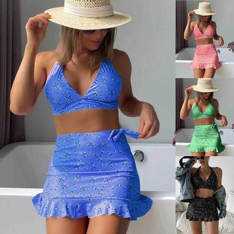 

Multi Color Floral Halter V Neck Dress Bikini High Waist Beach Swimsuit For Women, Purple