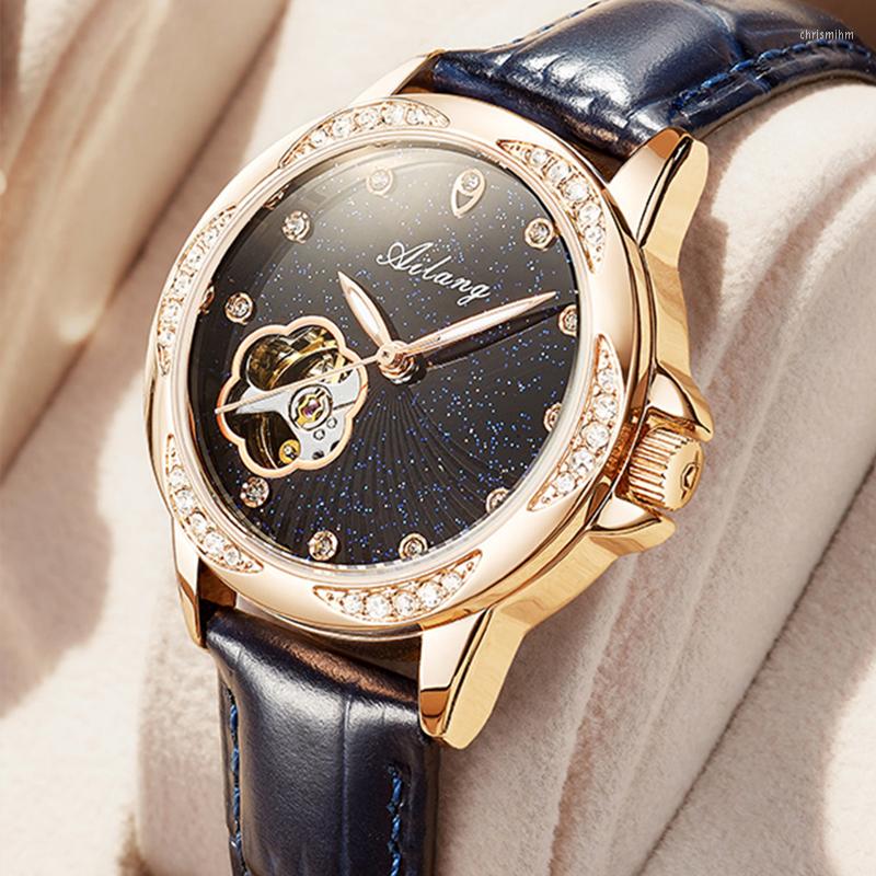 

Wristwatches AILANG Brand Watch Ladies Luxury Automatic Mechanical Hollow Diamond 2023 Star Waterproof Leather Female, White