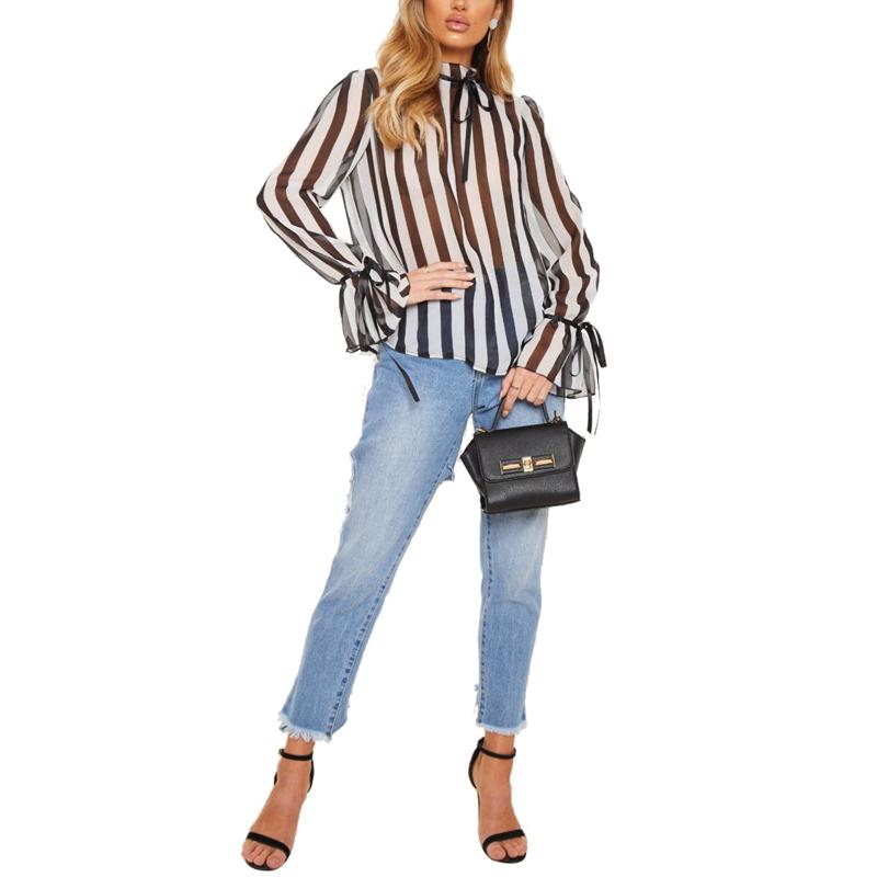 

Women' Blouses Shirts Half High Collar Pagoda Sleeve Top Stripe See Through Chiffon Blouse For Female, Picture shown