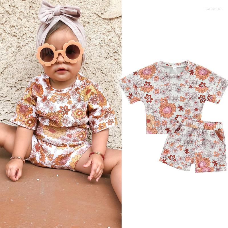 

Clothing Sets Toddler Kids Baby Girls Summer Casual Clothes Floral Printed Short Sleeve T-shirt Tops Shorts Outfit 2Pcs Set, Picture shown