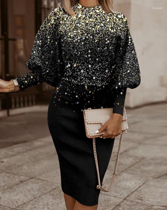 

Casual Dresses Print Lantern Sleeve Midi Dress Elegant For Women Fashion 2023 Female Clothing Outfits