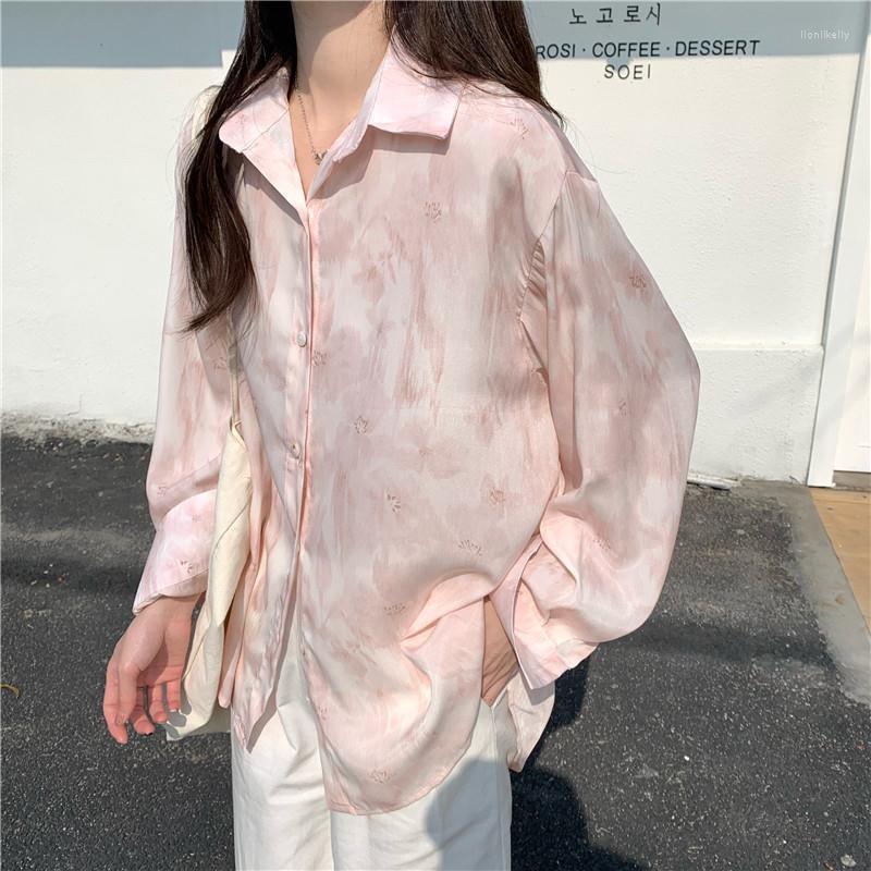 

Women' T Shirts Gentle Gradient Pink Tie Dyed Long-sleeved French Lapel Shirt Tops 2023 Spring Summer Women' Elegant Streetwear