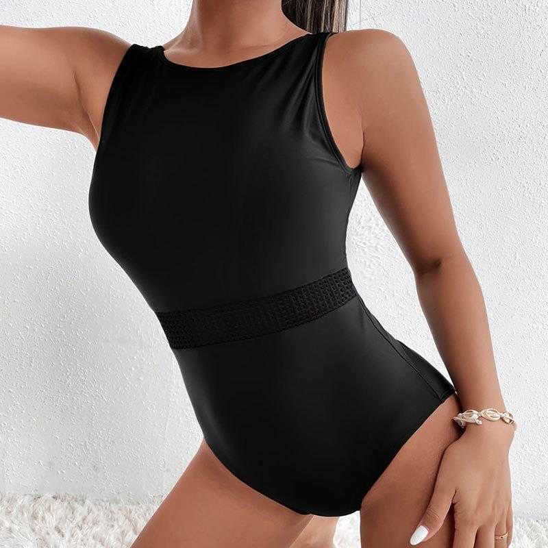 

One Piece Swimsuit Solid Color Sling Halter Bikini Sexy Slim Fit Fashion Spa Beach, Black