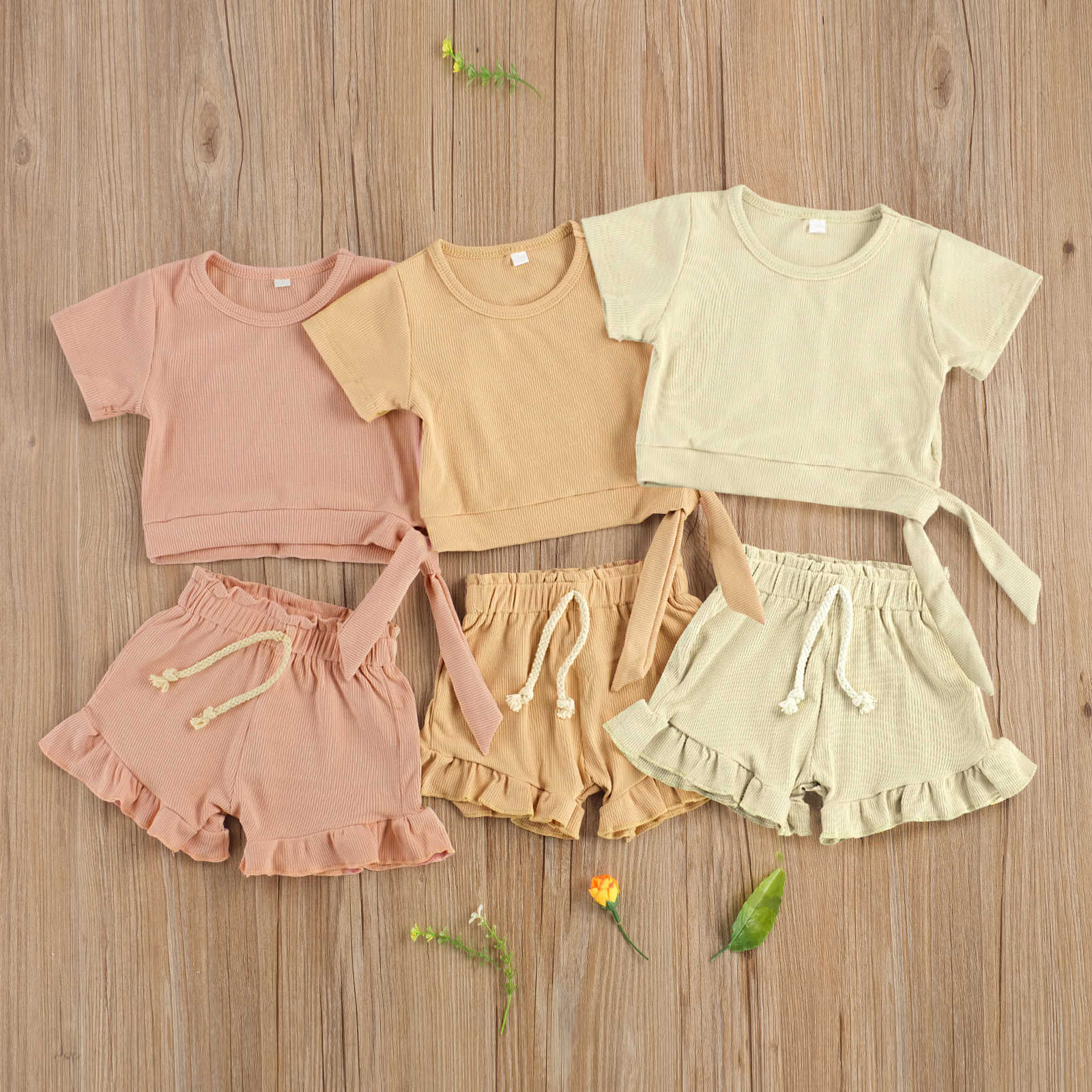 

Clothing Sets Summer Newborn Baby piece Outfit Suit Ribbed Short Sleeve Laceup TopsShorts Clothes Set for Toddler Infant Girls, Beige