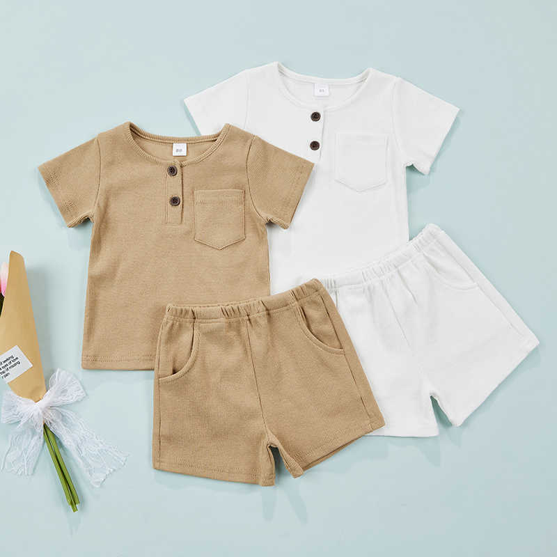 

Clothing Sets Children Boys Girls Casual Suits Clothes Summer Solid Shortsleeved Round Neck Tops Elastic Shorts Infant Cotton Outfits, White