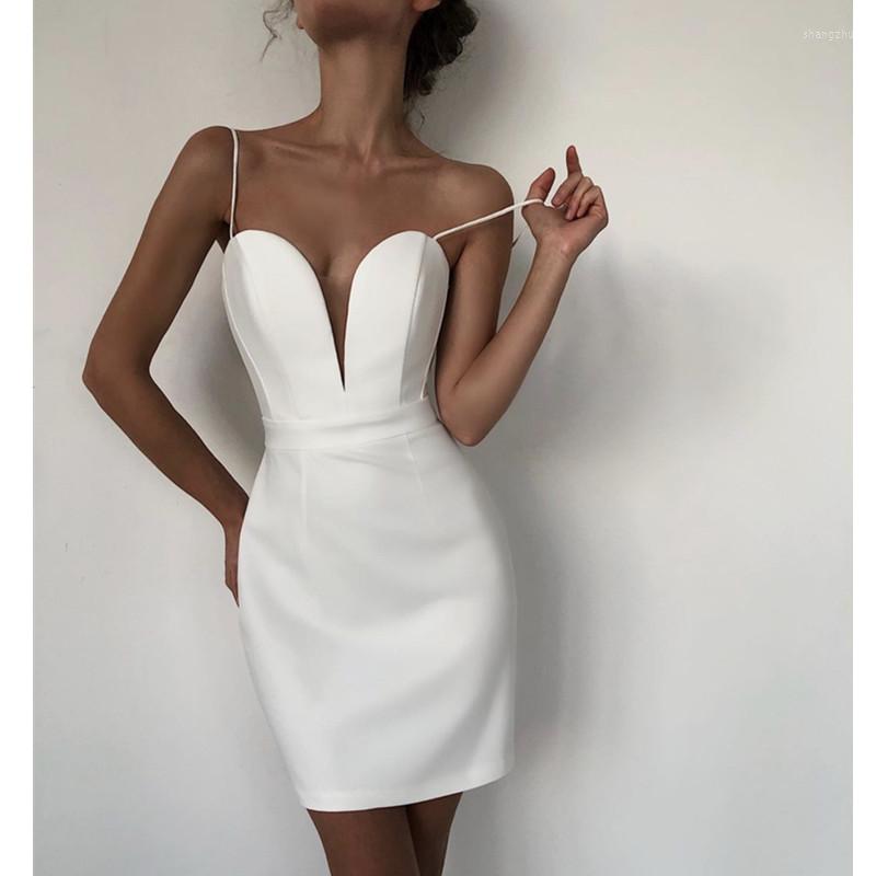 

Casual Dresses 2023 Summer Women Sexy Spaghetti Strap Deep V Neck White Mini Bodycon Bandage Dress Designer Elegant Evening Club Party