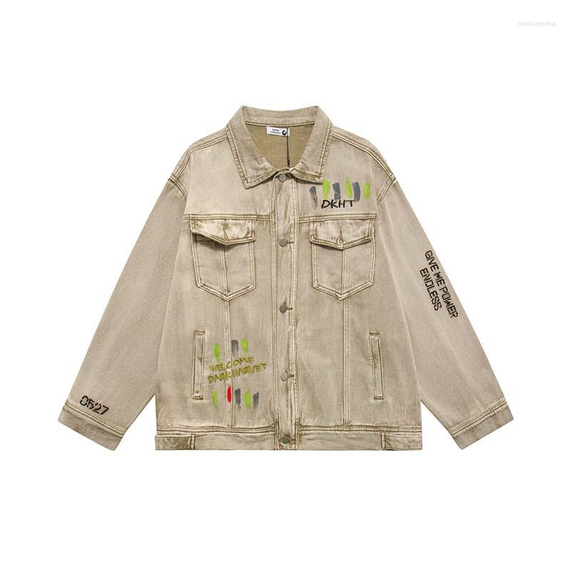 

Men's Jackets Retro Letter Embroidery Denim Jacket Men's Washed Loose Cowboy Outerwear Streetwear Hip HOP Coat, Pic